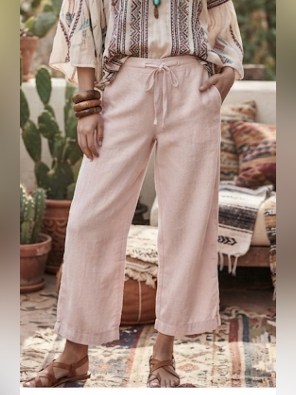 American Eagle Linen Blend Pink Pants Relaxed Drawstring 2R